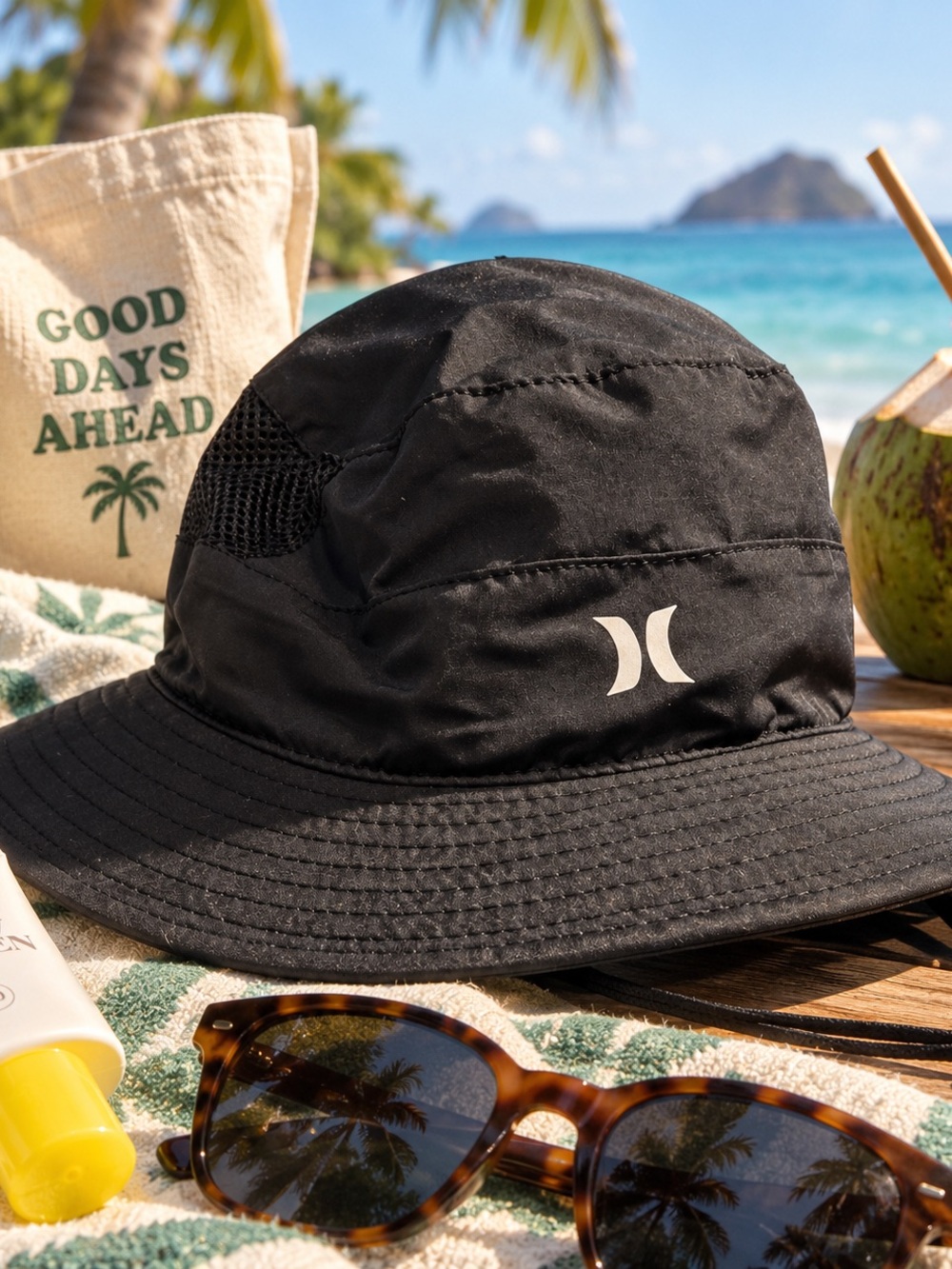 Hurley Black Mesh-Panel Bucket Hat